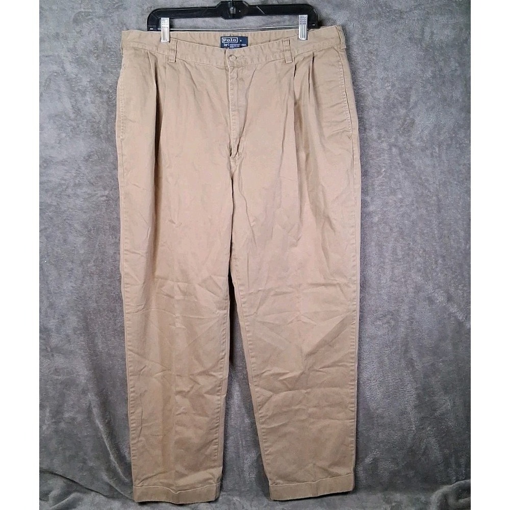 Y2k Polo Ralph Lauren Pants Mens Size 38x32 Khaki Cream Straight Baggy Cuffed